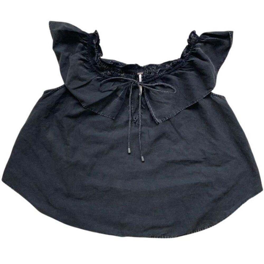 Free People Black Sleeveless Ruffle Neck Top Drawstring Bow Detail Size Small